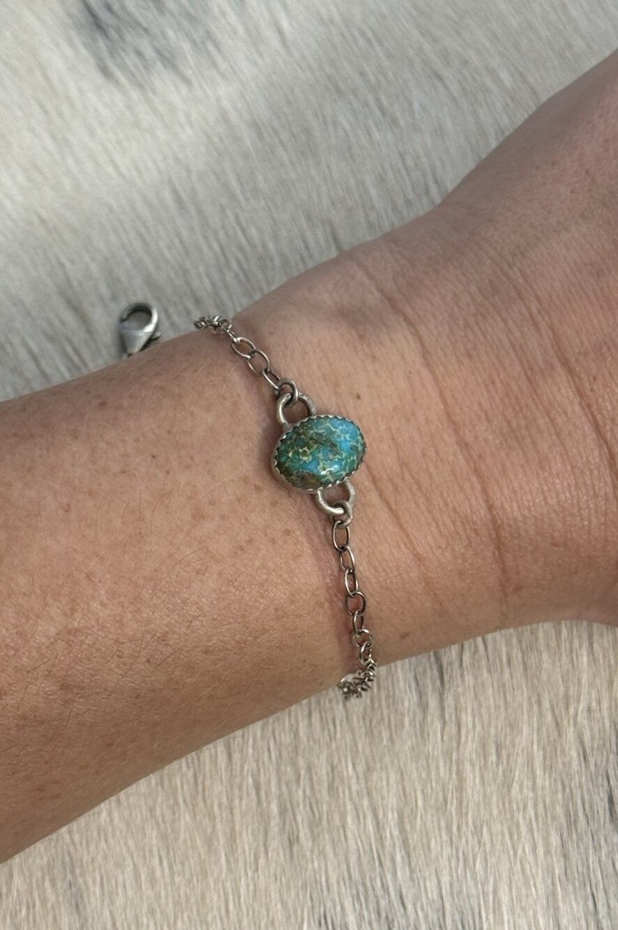 Sterling Silver Green Sonoran Gold Turquoise Oval Link Bracelet Stacker 8”